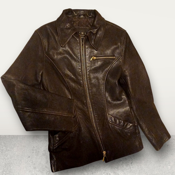 Winlit Dark Brown Women's Leather Jacket Size Medium With Gold Accents - Picture 10 of 14